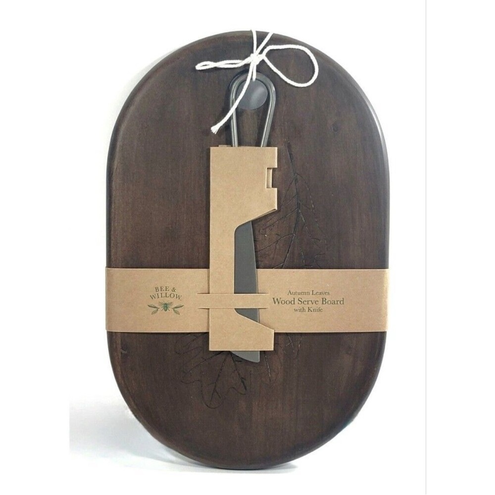 Bee & Willow Autumn Leaves Acacia Wood Serve Board with Knife - NWT